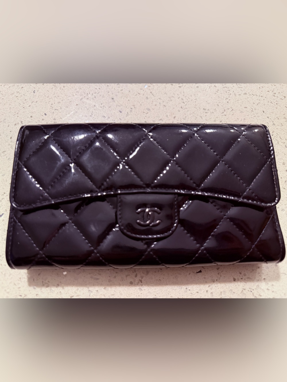 CHANEL Black Quilted Patent Wallet with CC Logo
